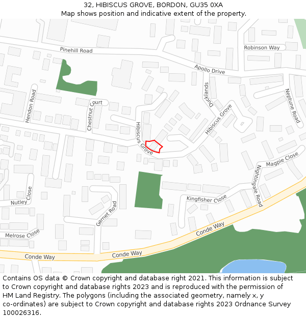 32, HIBISCUS GROVE, BORDON, GU35 0XA: Location map and indicative extent of plot