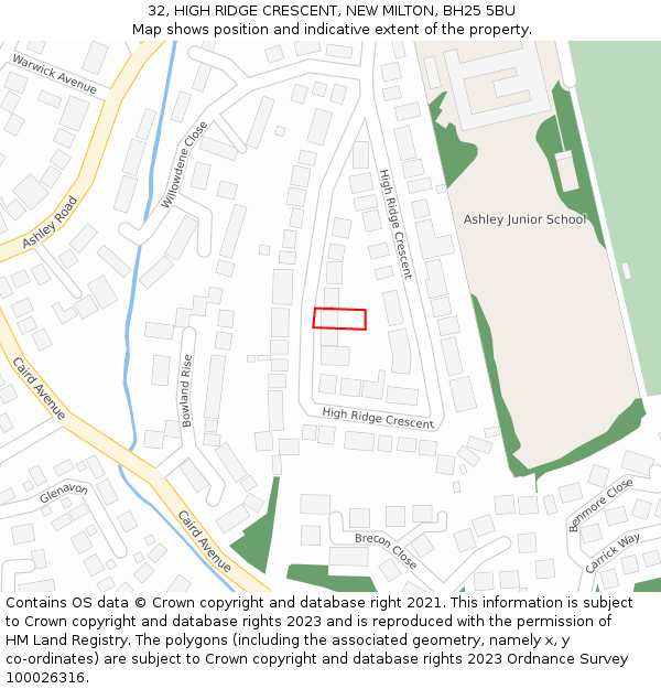 32, HIGH RIDGE CRESCENT, NEW MILTON, BH25 5BU: Location map and indicative extent of plot