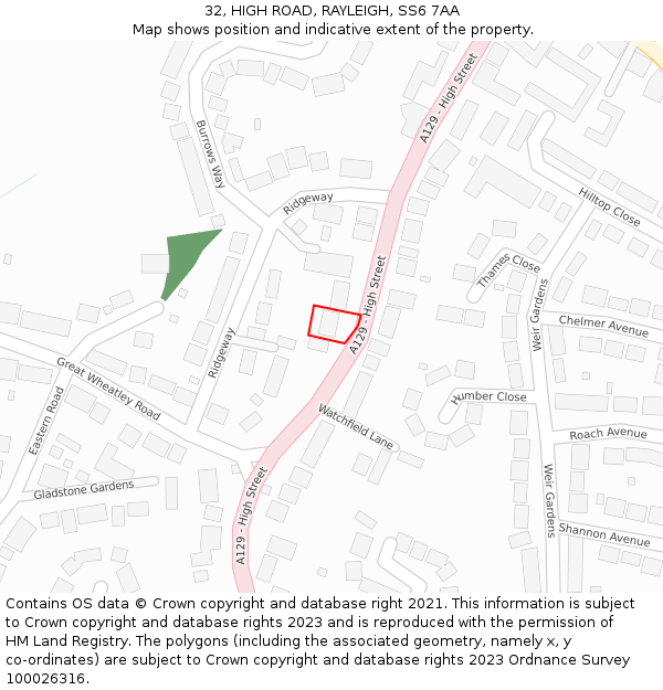 32, HIGH ROAD, RAYLEIGH, SS6 7AA: Location map and indicative extent of plot