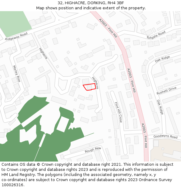 32, HIGHACRE, DORKING, RH4 3BF: Location map and indicative extent of plot