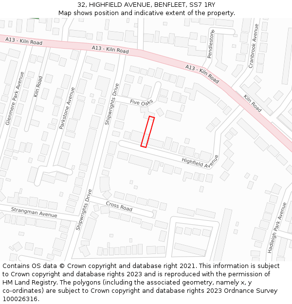 32, HIGHFIELD AVENUE, BENFLEET, SS7 1RY: Location map and indicative extent of plot