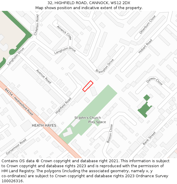 32, HIGHFIELD ROAD, CANNOCK, WS12 2DX: Location map and indicative extent of plot