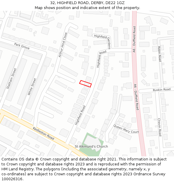 32, HIGHFIELD ROAD, DERBY, DE22 1GZ: Location map and indicative extent of plot