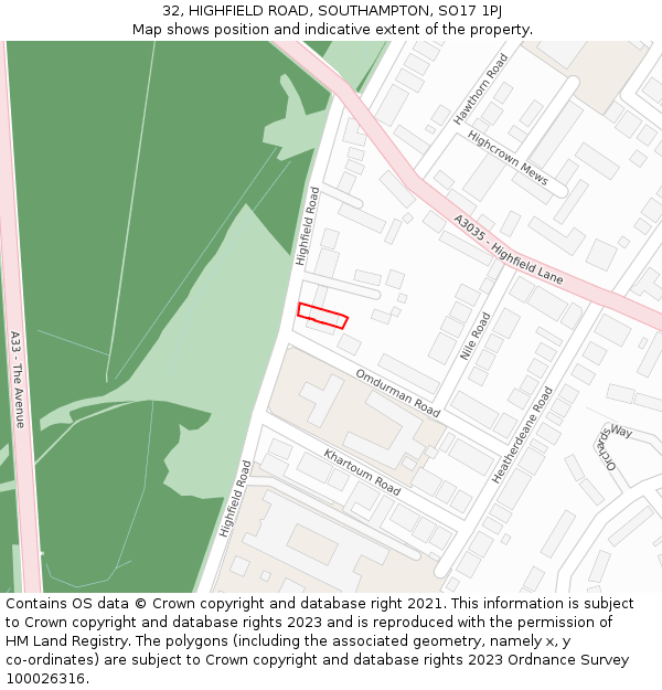 32, HIGHFIELD ROAD, SOUTHAMPTON, SO17 1PJ: Location map and indicative extent of plot