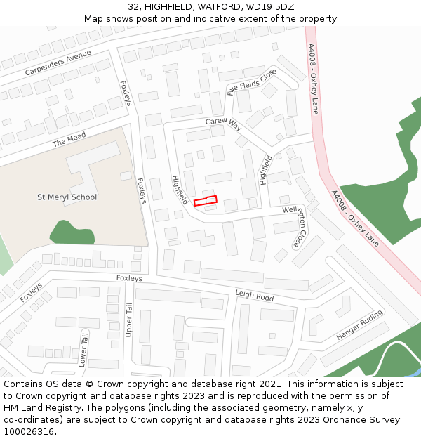 32, HIGHFIELD, WATFORD, WD19 5DZ: Location map and indicative extent of plot
