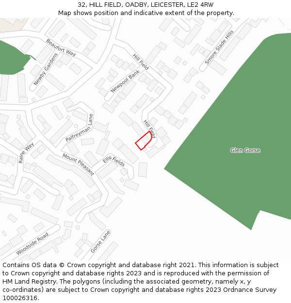 32, HILL FIELD, OADBY, LEICESTER, LE2 4RW: Location map and indicative extent of plot