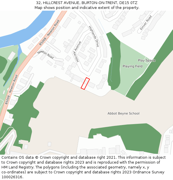 32, HILLCREST AVENUE, BURTON-ON-TRENT, DE15 0TZ: Location map and indicative extent of plot