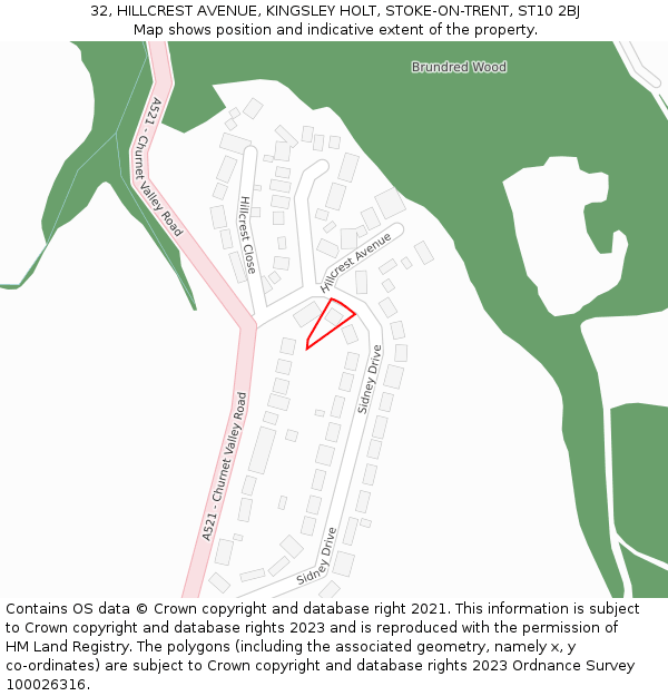 32, HILLCREST AVENUE, KINGSLEY HOLT, STOKE-ON-TRENT, ST10 2BJ: Location map and indicative extent of plot