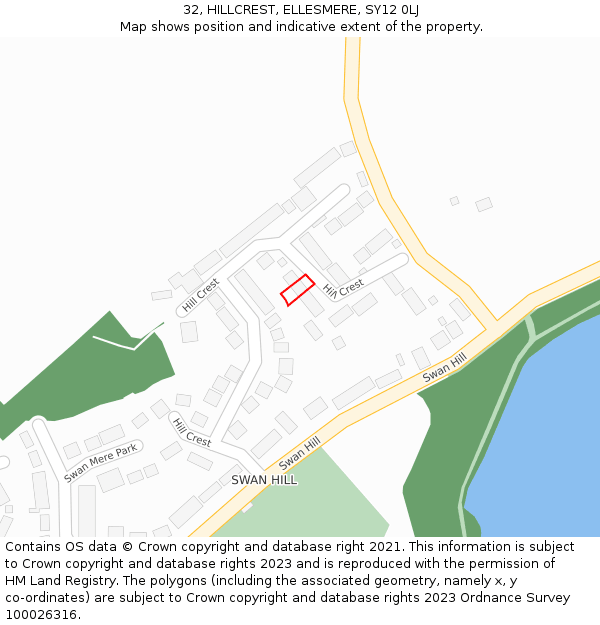 32, HILLCREST, ELLESMERE, SY12 0LJ: Location map and indicative extent of plot