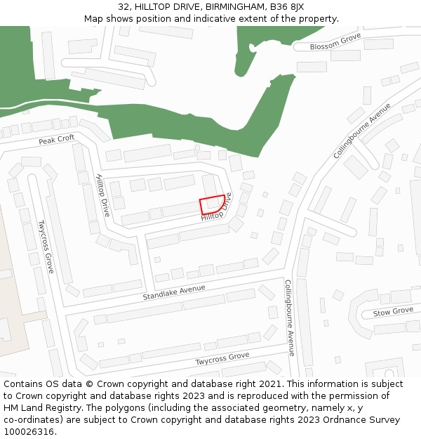 32, HILLTOP DRIVE, BIRMINGHAM, B36 8JX: Location map and indicative extent of plot