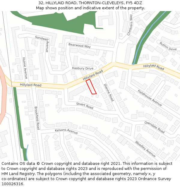 32, HILLYLAID ROAD, THORNTON-CLEVELEYS, FY5 4DZ: Location map and indicative extent of plot