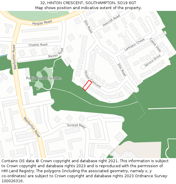 32, HINTON CRESCENT, SOUTHAMPTON, SO19 6GT: Location map and indicative extent of plot