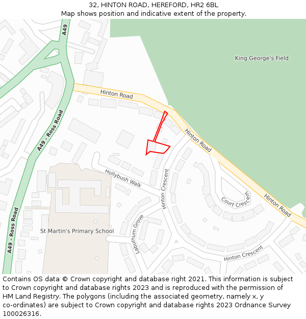 32, HINTON ROAD, HEREFORD, HR2 6BL: Location map and indicative extent of plot