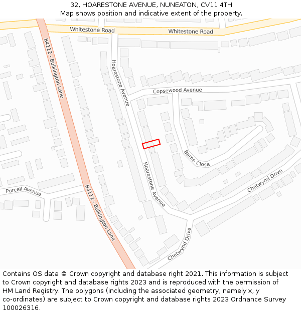 32, HOARESTONE AVENUE, NUNEATON, CV11 4TH: Location map and indicative extent of plot