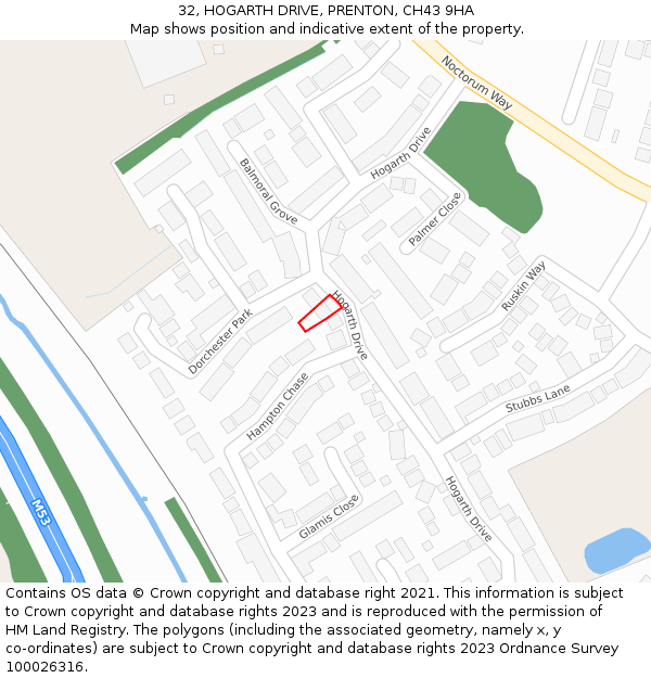 32, HOGARTH DRIVE, PRENTON, CH43 9HA: Location map and indicative extent of plot