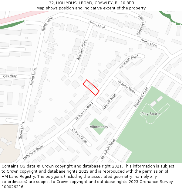 32, HOLLYBUSH ROAD, CRAWLEY, RH10 8EB: Location map and indicative extent of plot