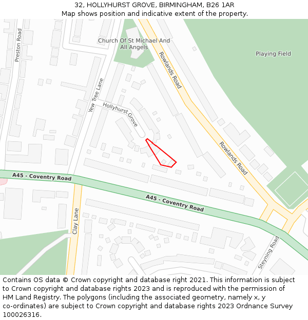 32, HOLLYHURST GROVE, BIRMINGHAM, B26 1AR: Location map and indicative extent of plot
