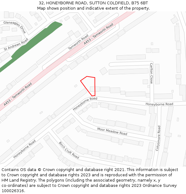 32, HONEYBORNE ROAD, SUTTON COLDFIELD, B75 6BT: Location map and indicative extent of plot