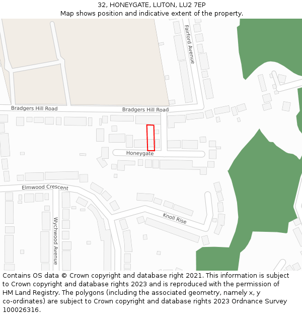 32, HONEYGATE, LUTON, LU2 7EP: Location map and indicative extent of plot