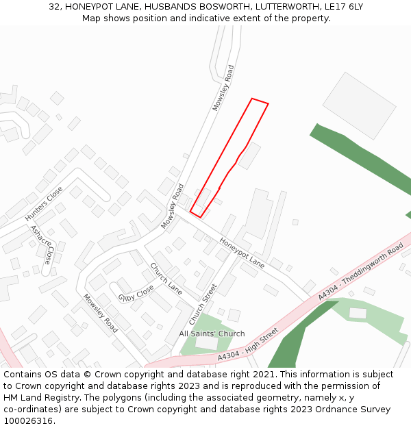 32, HONEYPOT LANE, HUSBANDS BOSWORTH, LUTTERWORTH, LE17 6LY: Location map and indicative extent of plot