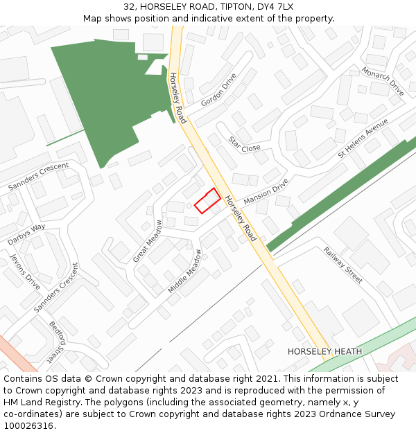 32, HORSELEY ROAD, TIPTON, DY4 7LX: Location map and indicative extent of plot