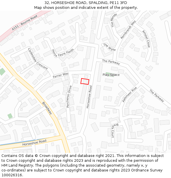 32, HORSESHOE ROAD, SPALDING, PE11 3FD: Location map and indicative extent of plot