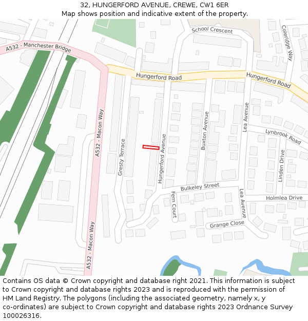 32, HUNGERFORD AVENUE, CREWE, CW1 6ER: Location map and indicative extent of plot