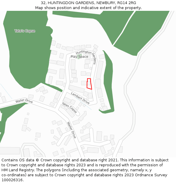 32, HUNTINGDON GARDENS, NEWBURY, RG14 2RG: Location map and indicative extent of plot