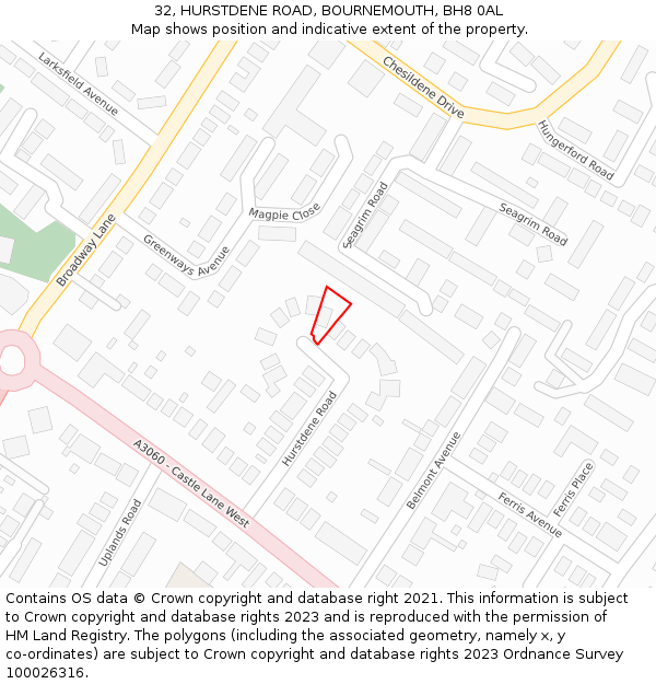 32, HURSTDENE ROAD, BOURNEMOUTH, BH8 0AL: Location map and indicative extent of plot