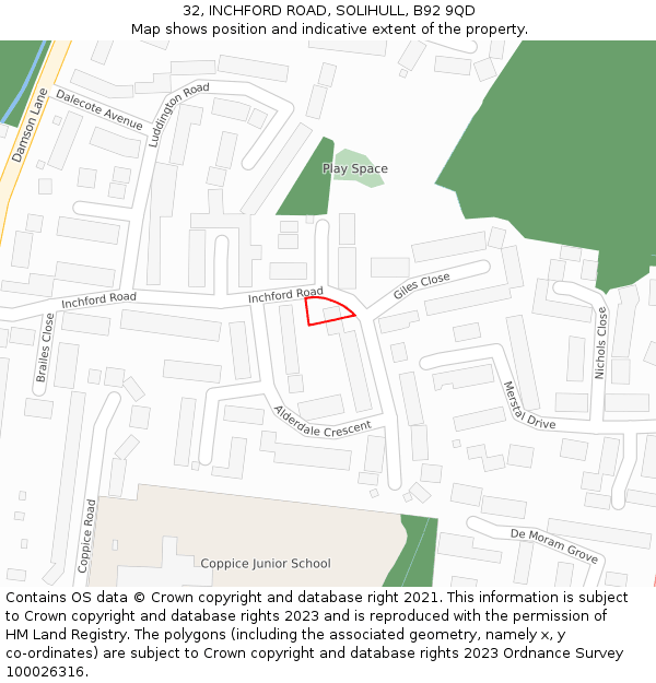 32, INCHFORD ROAD, SOLIHULL, B92 9QD: Location map and indicative extent of plot