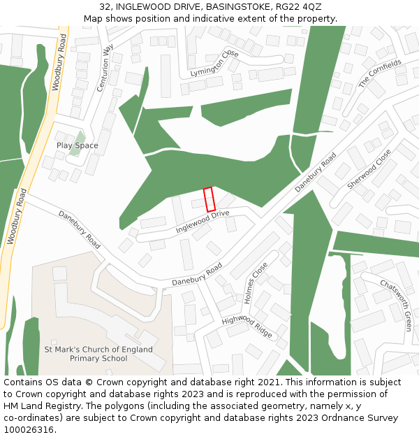 32, INGLEWOOD DRIVE, BASINGSTOKE, RG22 4QZ: Location map and indicative extent of plot