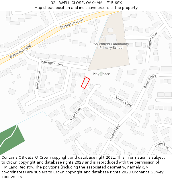 32, IRWELL CLOSE, OAKHAM, LE15 6SX: Location map and indicative extent of plot