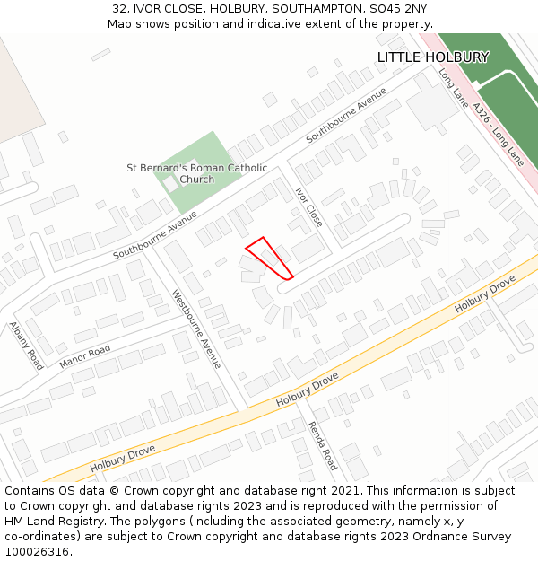 32, IVOR CLOSE, HOLBURY, SOUTHAMPTON, SO45 2NY: Location map and indicative extent of plot