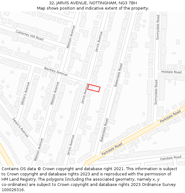 32, JARVIS AVENUE, NOTTINGHAM, NG3 7BH: Location map and indicative extent of plot