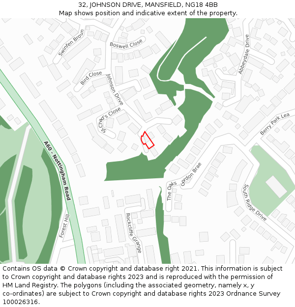 32, JOHNSON DRIVE, MANSFIELD, NG18 4BB: Location map and indicative extent of plot