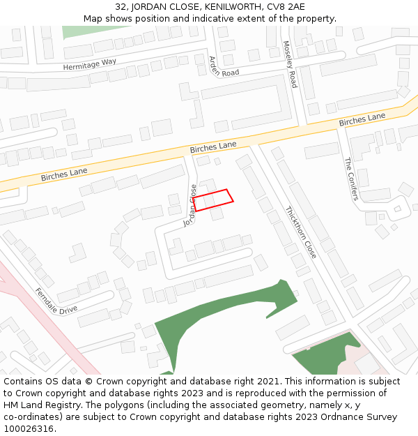 32, JORDAN CLOSE, KENILWORTH, CV8 2AE: Location map and indicative extent of plot