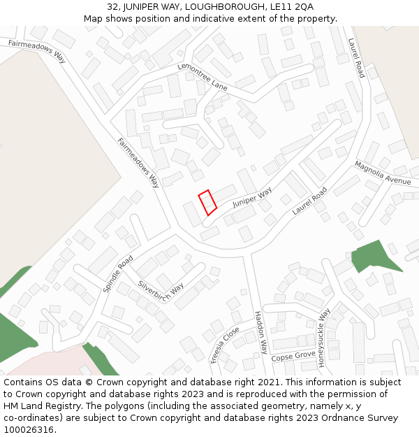 32, JUNIPER WAY, LOUGHBOROUGH, LE11 2QA: Location map and indicative extent of plot