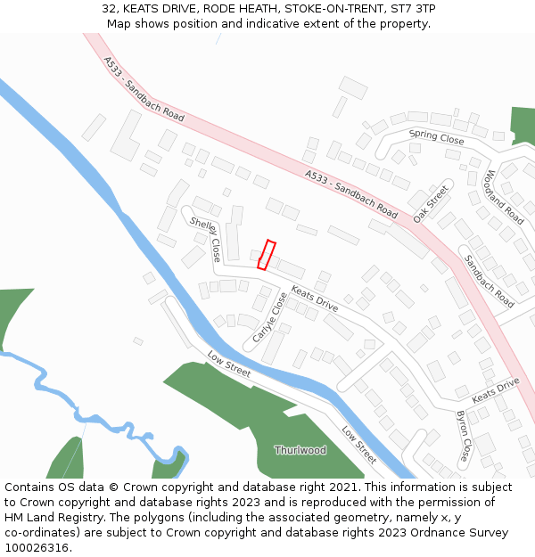 32, KEATS DRIVE, RODE HEATH, STOKE-ON-TRENT, ST7 3TP: Location map and indicative extent of plot