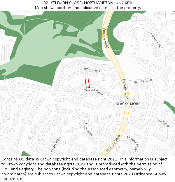 32, KELBURN CLOSE, NORTHAMPTON, NN4 0RA: Location map and indicative extent of plot