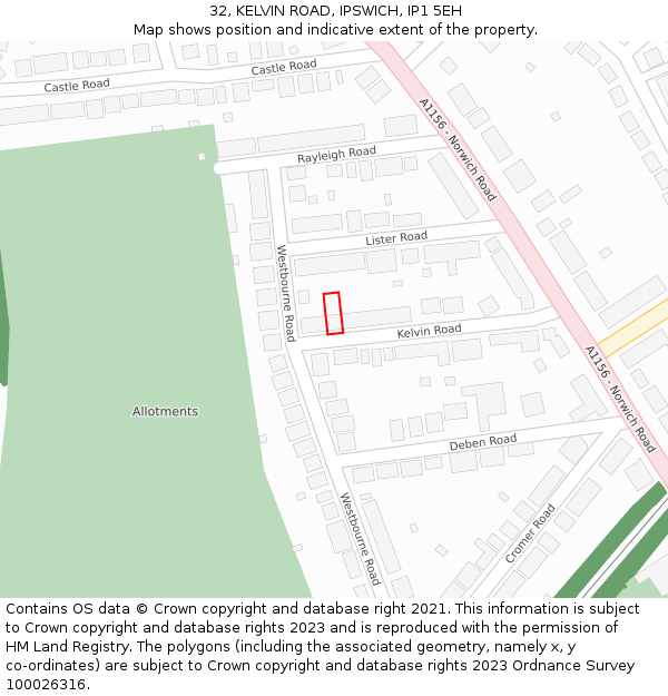 32, KELVIN ROAD, IPSWICH, IP1 5EH: Location map and indicative extent of plot