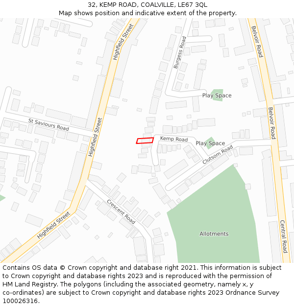 32, KEMP ROAD, COALVILLE, LE67 3QL: Location map and indicative extent of plot