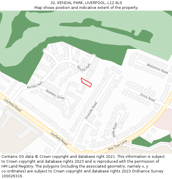 32, KENDAL PARK, LIVERPOOL, L12 9LS: Location map and indicative extent of plot
