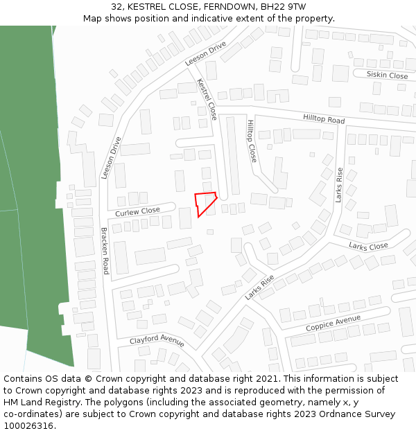 32, KESTREL CLOSE, FERNDOWN, BH22 9TW: Location map and indicative extent of plot