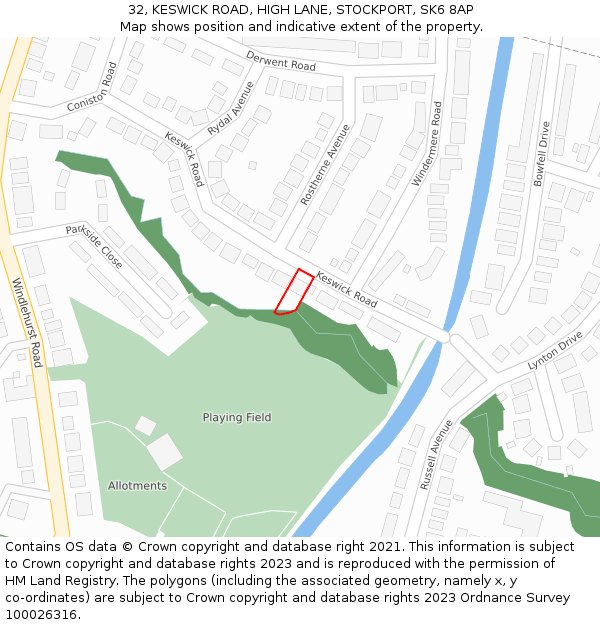 32, KESWICK ROAD, HIGH LANE, STOCKPORT, SK6 8AP: Location map and indicative extent of plot