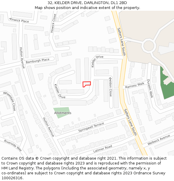 32, KIELDER DRIVE, DARLINGTON, DL1 2BD: Location map and indicative extent of plot