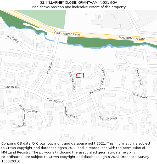 32, KILLARNEY CLOSE, GRANTHAM, NG31 9GA: Location map and indicative extent of plot