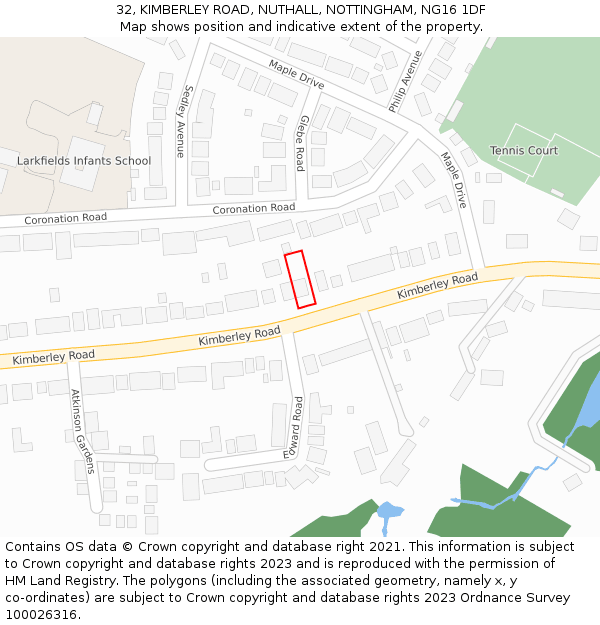 32, KIMBERLEY ROAD, NUTHALL, NOTTINGHAM, NG16 1DF: Location map and indicative extent of plot