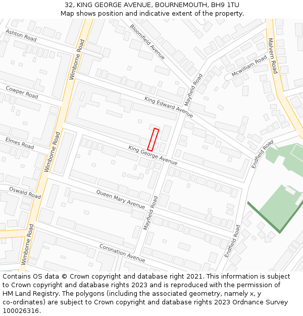 32, KING GEORGE AVENUE, BOURNEMOUTH, BH9 1TU: Location map and indicative extent of plot