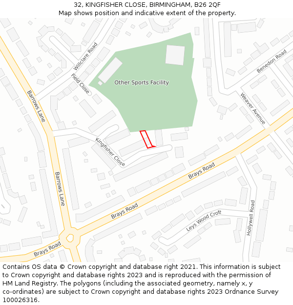 32, KINGFISHER CLOSE, BIRMINGHAM, B26 2QF: Location map and indicative extent of plot