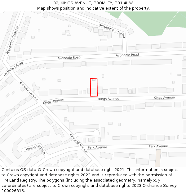 32, KINGS AVENUE, BROMLEY, BR1 4HW: Location map and indicative extent of plot